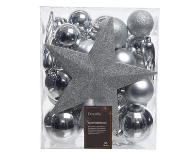 Kerstballen Zilver – 33 Stuks – Shiny, Matt & Glitter